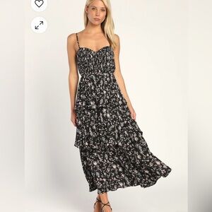 Lulu’s Cascading Crush Black Floral Print Tiered Bustier Midi Dress
